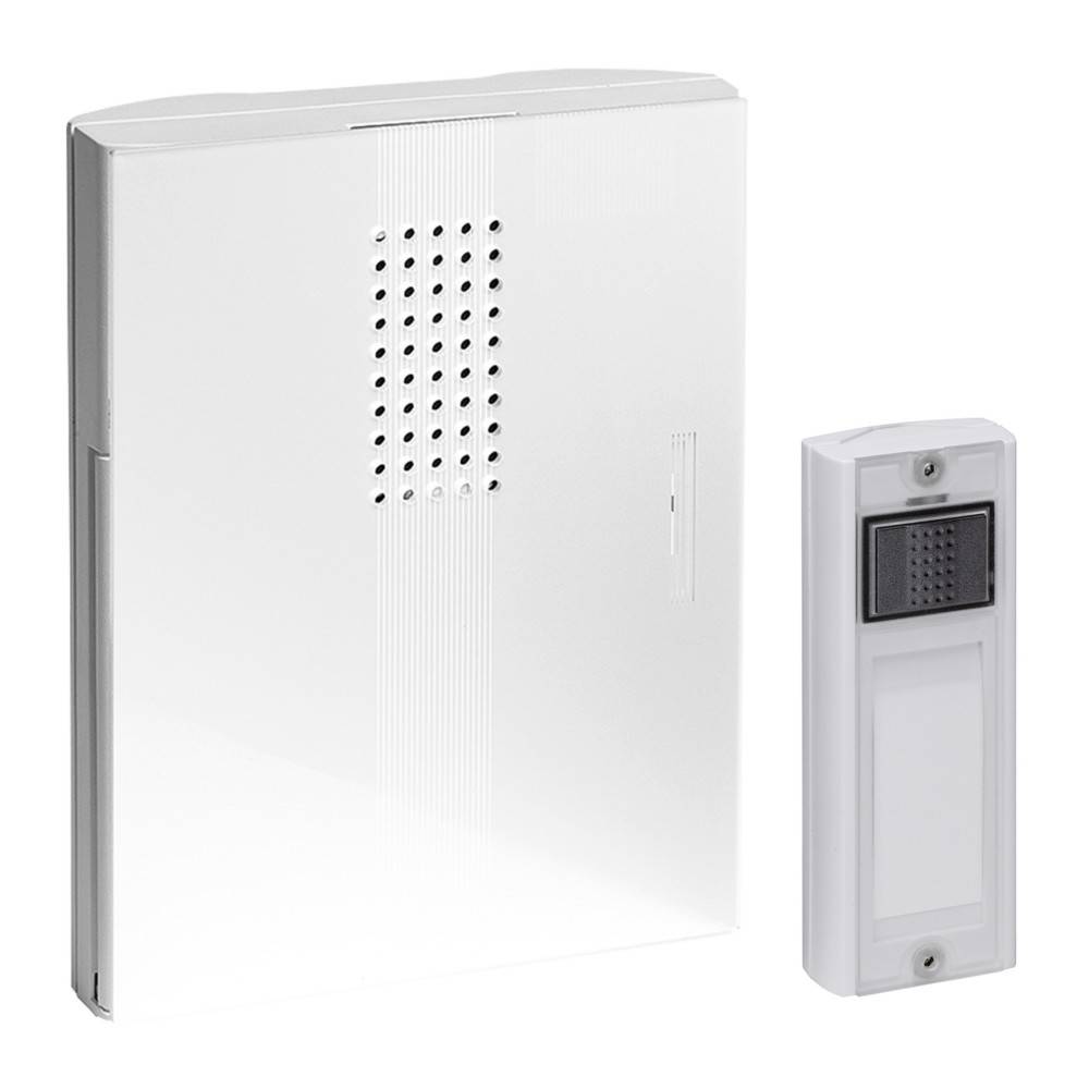 Weiße, wandmontierte elektrische Schalttafel und passendes Türklingel-/Gegensprechanlage-Bedienfeld nebeneinander auf weißem Hintergrund dargestellt.