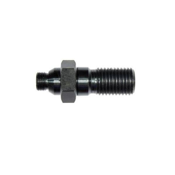 Metallisches Gewinde-Fitting mit einer Sechskantmutter in der Mitte, isoliert auf weißem Hintergrund gezeigt.