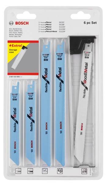 Bosch Säbelsägeblätter-Set mit Flexibilität für Metall- und Holzschnitte, inklusive Aufbewahrungskoffer. Blaue und weiße Sägeblätter in Verpackung.