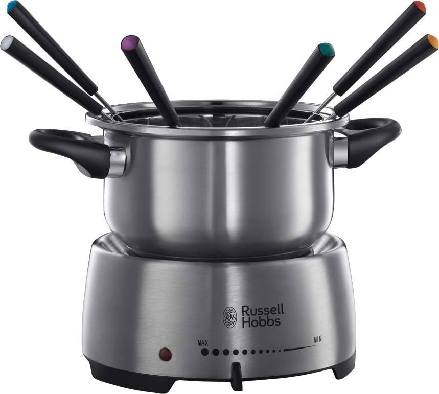 Ein Russell Hobbs Fondue-Set mit einem Edelstahltopf, einstellbaren Wärmereglern und vier farbcodierte Fondue-Gabeln.