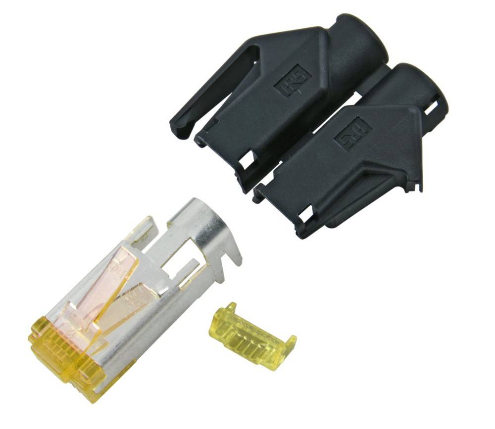 RJ45-Steckverbinder mit zwei schwarzen Schutzabdeckungen und einem kleinen gelben Clip, konzipiert für Netzwerkkabelverbindungen.