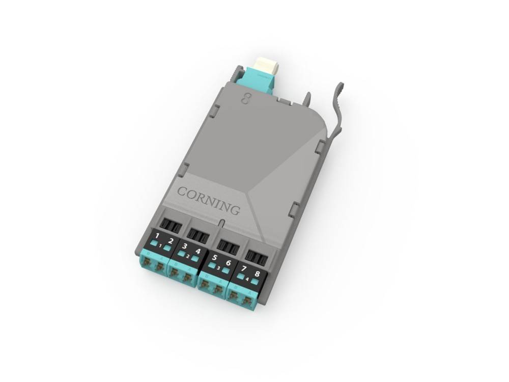 Glasfaser-Kassette mit 'Corning'-Markierung, ausgestattet mit acht blauen LC-Steckverbindern für die Netzwerkintegration.