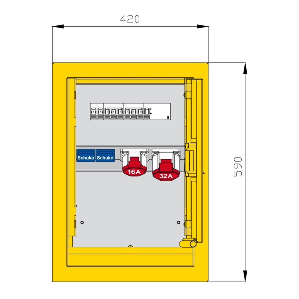 Elektrische Verteilerdose mit 'Schuko'-Steckdosen und 16A-, 32A-Ausgängen. Abmessungen: 420mm x 590mm. Enthält Sicherungsautomaten.