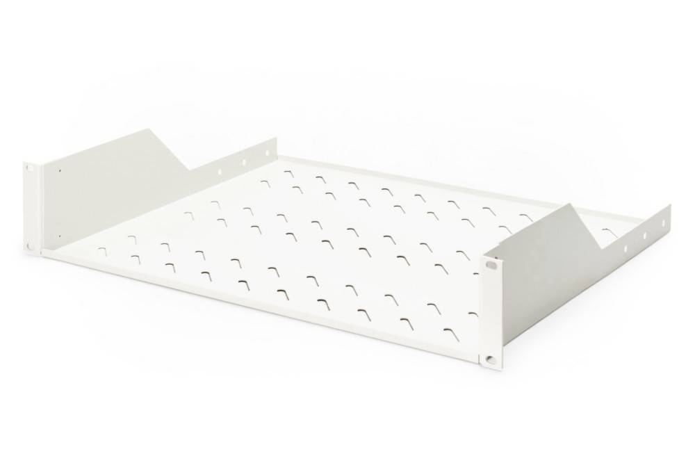 Metallregalplatte mit gelochtem Design, die kleine Löcher in einem regelmäßigen Muster aufweist. Sie hat eine weiße Beschichtung und zwei seitliche Stützen.