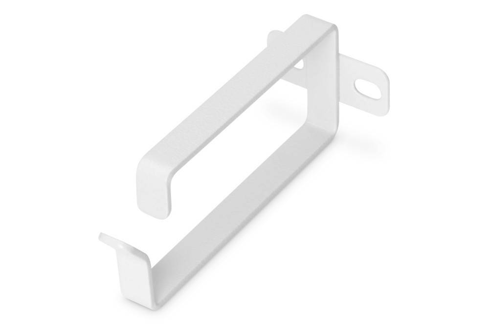 Eine weiße, rechteckige Metallhalterung mit zwei Löchern zum Befestigen, die entwickelt wurde, um ein Objekt sicher an einer Oberfläche zu stützen oder zu halten.