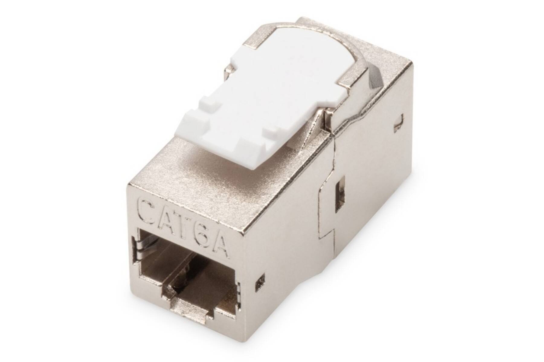 Nahaufnahme einer CAT6A Ethernet RJ45 Keystone-Buchse mit weißem Kabelclip, dargestellt auf weißem Hintergrund.