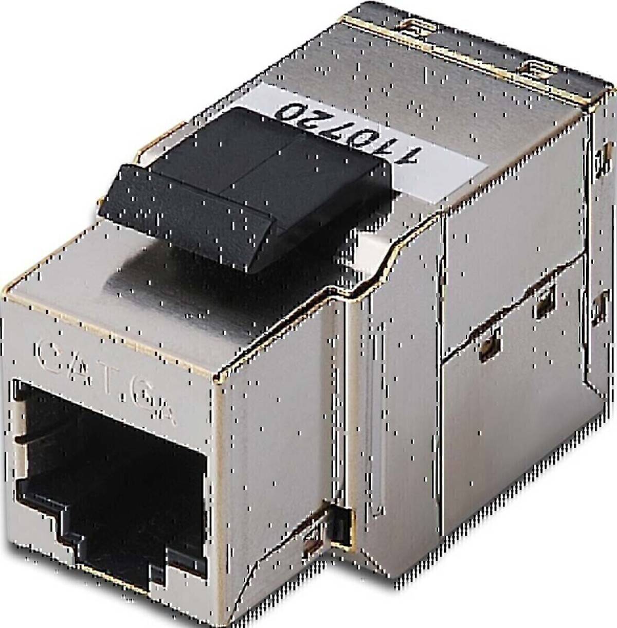 Nahaufnahme einer metallenen Ethernet-Netzwerkbuchse mit einem schwarzen oberen Verriegelungsmechanismus, wahrscheinlich ein RJ45-Anschlusskonnektor.