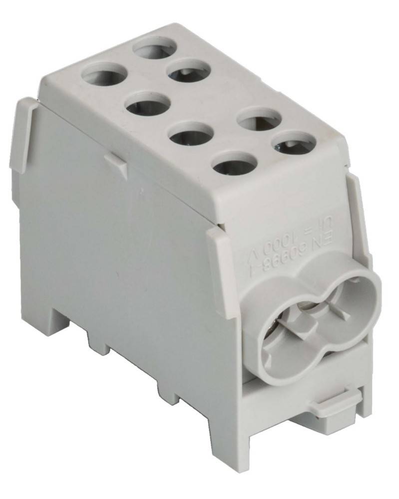 Ein grauer elektrischer Anschlussblock mit mehreren Löchern für Leitungsverbindungen, der für den Einsatz in elektrischen Schaltungsanordnungen entwickelt wurde.