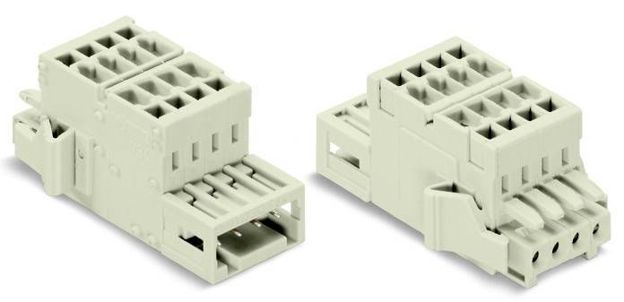 Zwei beige Elektrostecker nebeneinander abgebildet, einer mit herausziehbarem Klemmblock und einer mit abgerundeter Vorderseite, auf weißem Hintergrund.