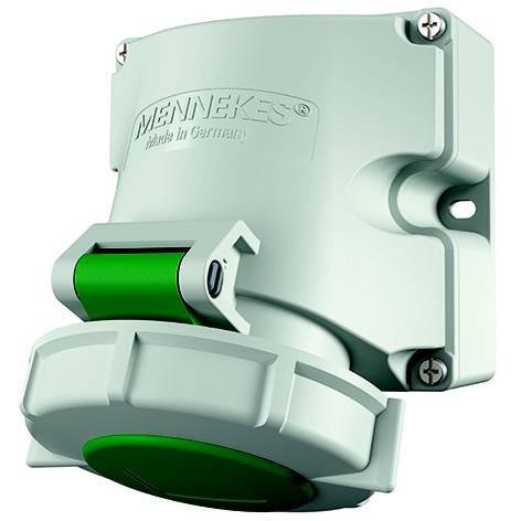 Weißer industrieller Elektrosteckverbinder mit grüner Verriegelungskappe, gekennzeichnet mit „MENNEKES Made in Germany