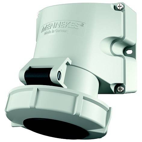 Ein mintgrüner, an der Wand montierter Industrie-Stecker oder Steckdose mit einem Klappschutz und schwarzer Öffnung, dargestellt isoliert auf weißem Hintergrund.