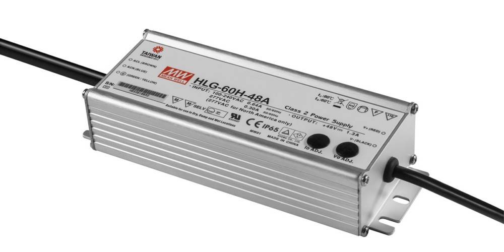 Ein rechteckiger Metall-LED-Treiber mit dem Modell 'HLG-60H-48A', der auf der Oberseite aufgedruckt ist und Eingabe- und Ausgabespezifikationen sowie Zertifizierungen zeigt.