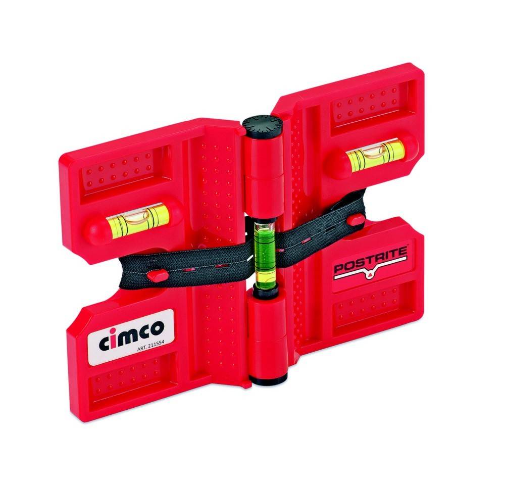 Eine rote Wasserwaage mit zwei Blasenwaagen auf jeder Seite. Sie verfügt über einen schwarzen Gurt in der Mitte und ist mit den Marken 'cimco' und 'POSTRITE' gekennzeichnet.