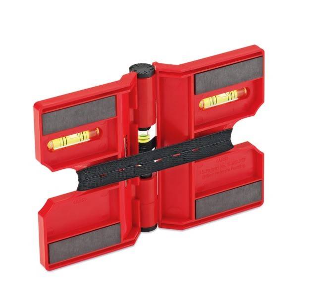 Ein roter magnetischer Wasserwaage mit zwei Libellen, entwickelt zum Anhaften an Metalloberflächen, um Horizontal- und Vertikalmessungen präzise durchzuführen.