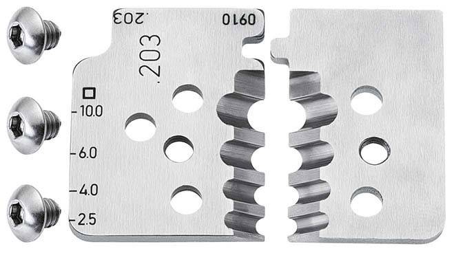Verstellbares Metall-Kabelschuh-Crimpwerkzeug-Set mit drei Befestigungsschrauben und Größenmarkierungen 2,5, 4,0, 6,0, 10,0.