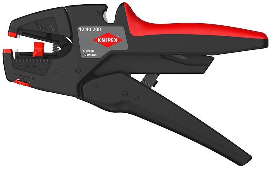 Knipex automatisches Abisolierwerkzeug, schwarz und rot, mit einstellbaren Abisolierbissen und 'MADE IN GERMANY' Kennzeichnung.