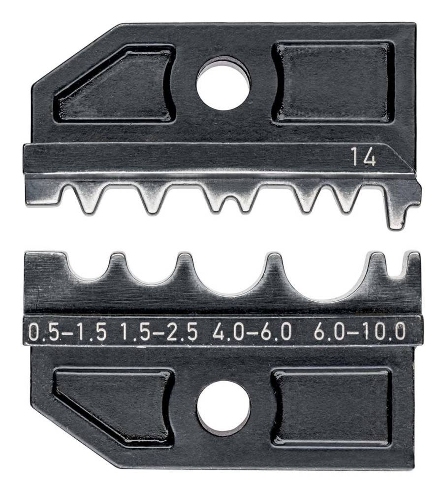 Schwarzes Metallkabel-Abisoliermesserset mit Bezeichnung 14 und 0,5–1,5, 1,5–2,5, 4,0–6,0, 6,0–10,0, mit Ausschnitten für Drahtgrößen.