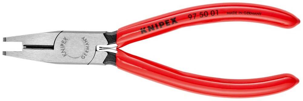 Rot-griffige KNIPEX Spitzzange mit langen flachen Backen, dargestellt auf weißem Hintergrund.