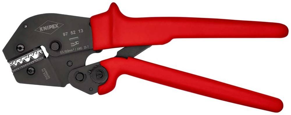 Rot-schwarze Knipex-Crimpzange mit langen Griffen und kompaktem Backendesign, auf weißem Hintergrund dargestellt.