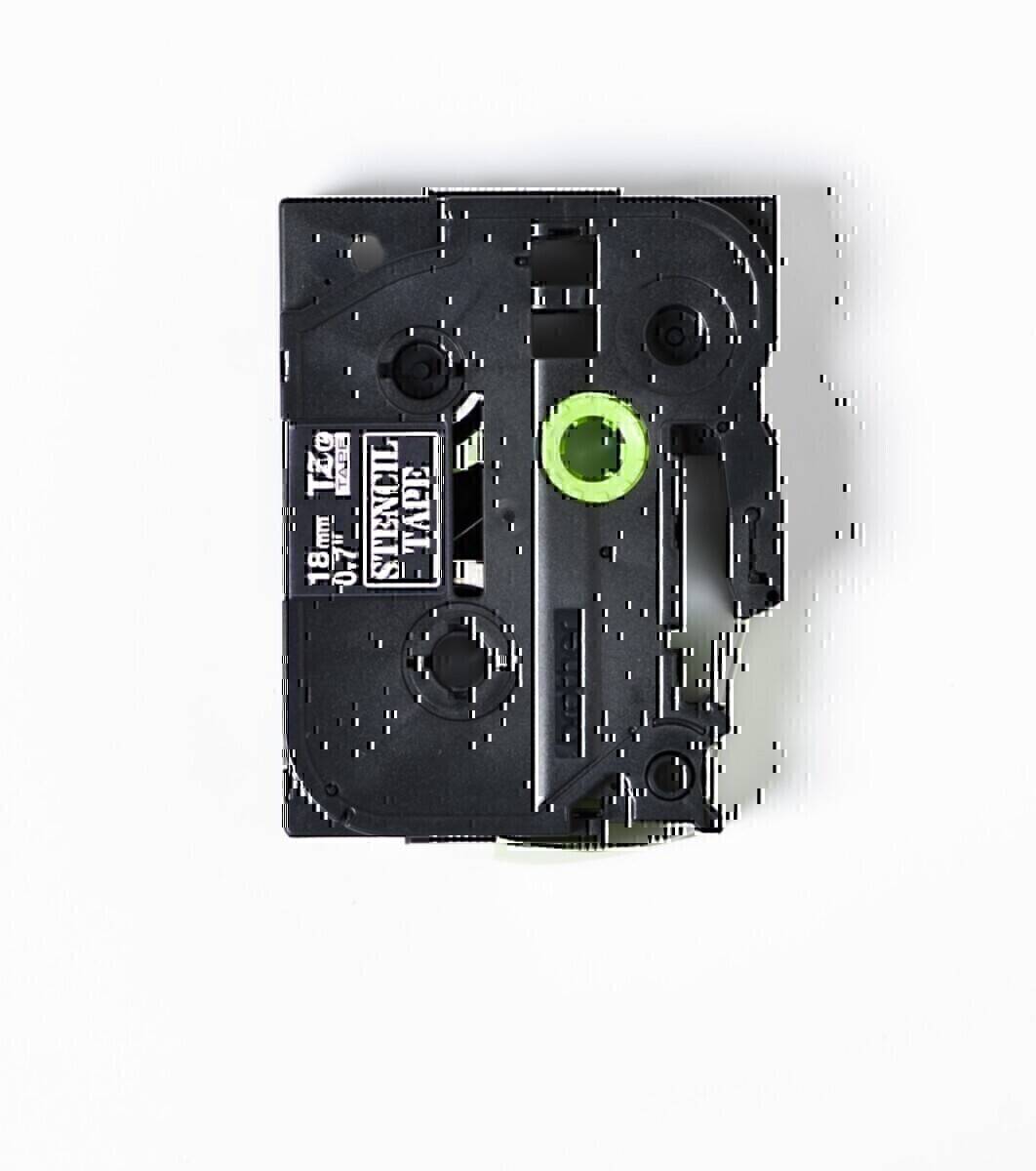 Eine Nahaufnahme einer schwarzen Tintenbandkassette für einen Etikettendrucker mit dem Text '18mm'. Die Kassette wird zum Drucken von Etiketten verwendet.