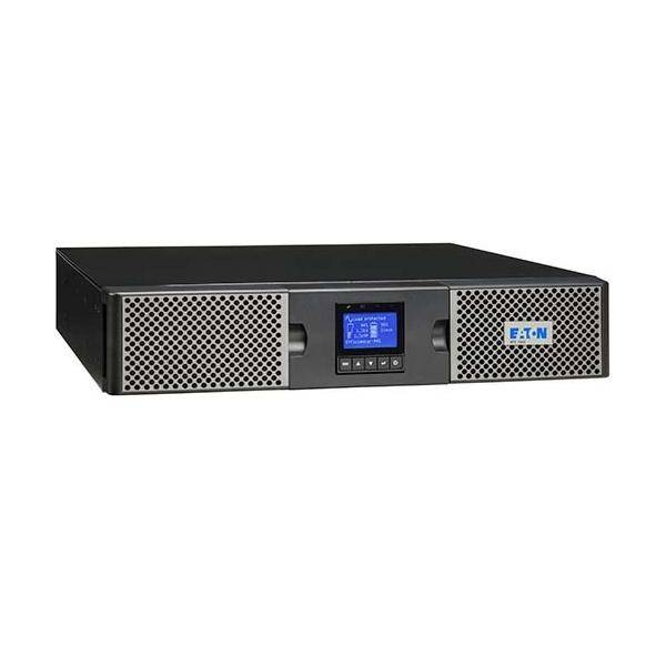 Ein schwarzes Eaton-Leistungsgerät mit einem digitalen Anzeigebildschirm in der Mitte und belüfteten Paneelen an beiden Seiten zur Kühlung.