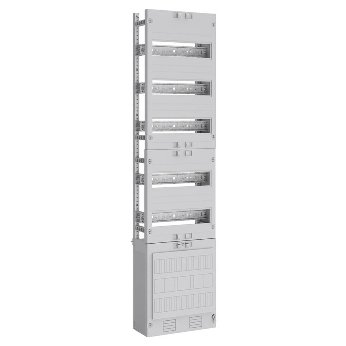 Hoher weißer Stromverteilerschrank mit mehreren horizontalen Schutzschaltern oder Zugriffsklappen, in einer Seitenansicht auf einfachem Hintergrund dargestellt.