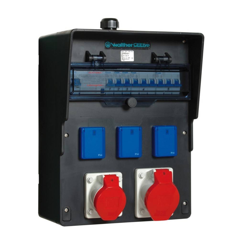 Eine elektrische Steuerbox mit Sicherungsautomaten und mehreren blauen und roten Steckdosen zum Anschluss elektrischer Geräte.