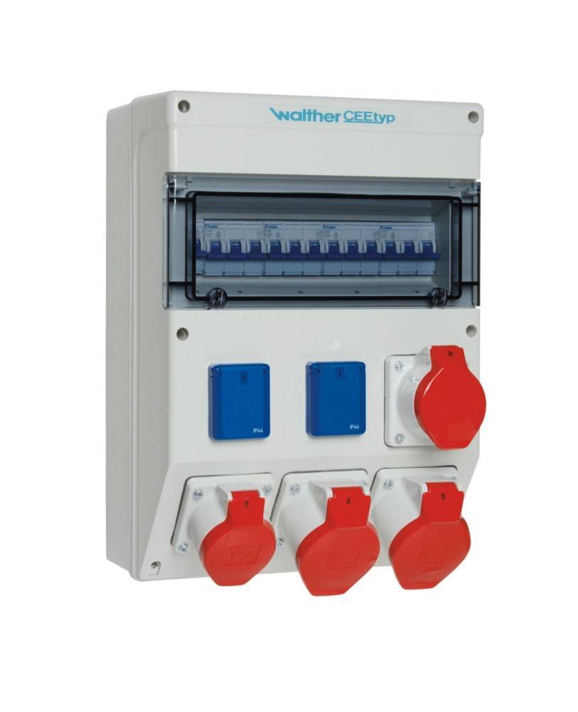 Elektrische Verteilerdose mit mehreren Steckdosen und Schaltern für industrielle Anwendungen, mit transparentem Deckel und farbigen Steckdosen.