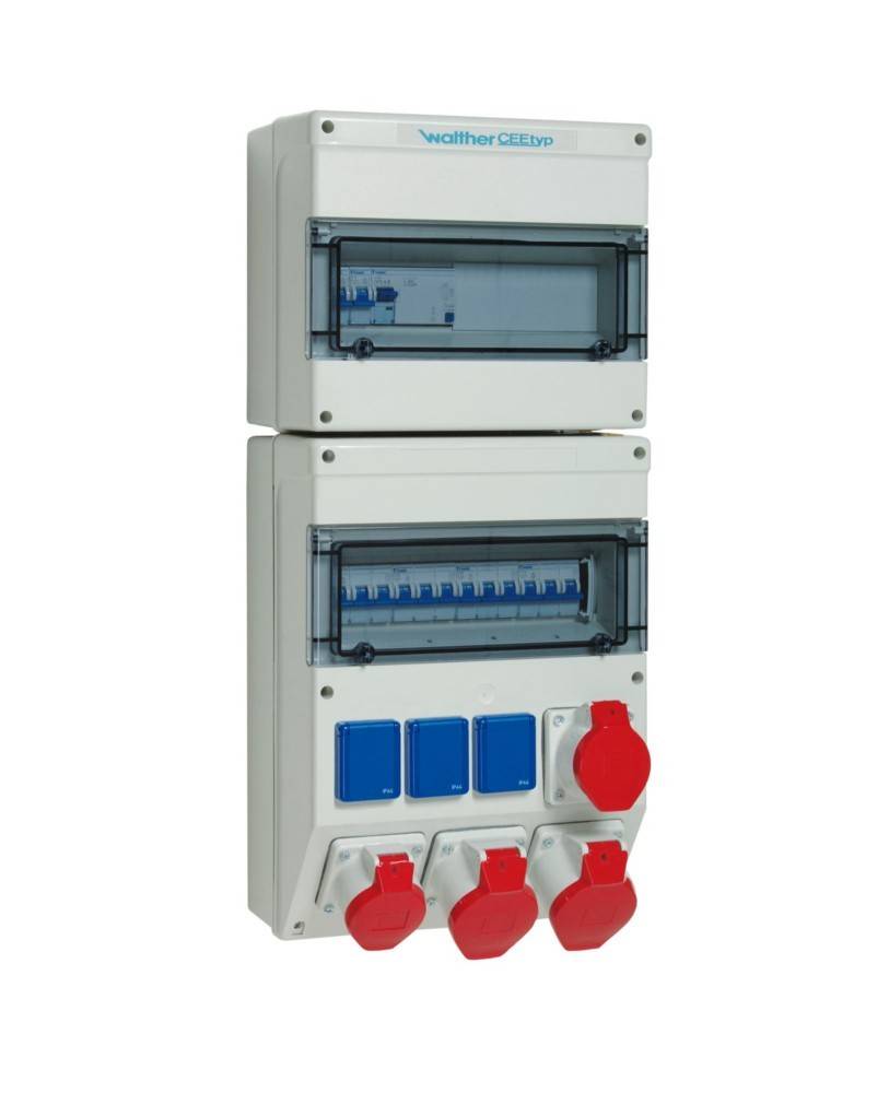 Elektrische Stromverteilungseinheit mit mehreren Leistungsschaltern, drei blauen Steckdosen und drei roten Steckdosen auf dem unteren Bedienfeld.