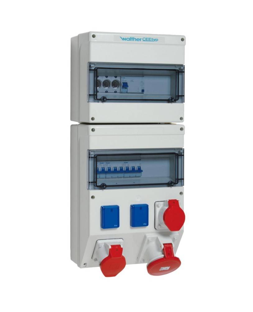 Zwei gestapelte elektrische Verteilerkästen mit Schaltern und roten und blauen Steckdosen, gekennzeichnet mit 'Walter GmbH'.