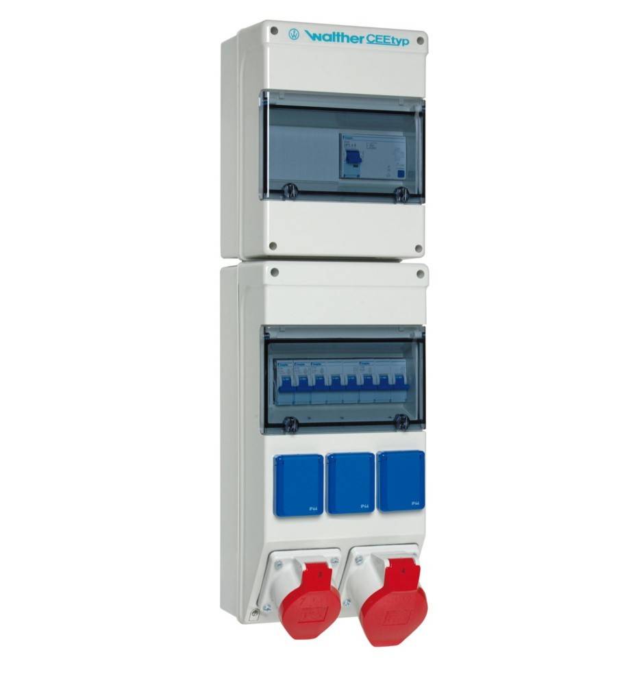 Elektrische Verteilerdose mit mehreren Sicherungsautomaten, zwei roten Stromsteckdosen und drei blauen Steckdosen auf der Frontplatte.