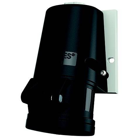 Schwarzes zylindrisches, wandmontiertes Gerät mit einer hellen Metallhalterung und sichtbaren Seitenschrauben, wahrscheinlich eine Sicherheitsleuchte oder ein Sensor.