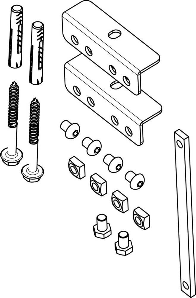 Illustration, die verschiedene Hardwarekomponenten zeigt: Schrauben, Scharniere, Muttern und Bolzen, übersichtlich angeordnet zur einfachen Identifizierung und Montage.