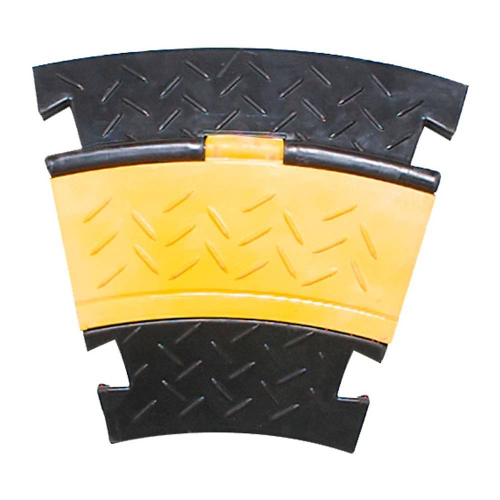 Ein gelb-schwarzer Kabelschutz mit Rautenmuster. Er verfügt über ein gekurvtes, modulares Design zum Schutz von Kabeln in Fuß- und Fahrzeugbereichen.