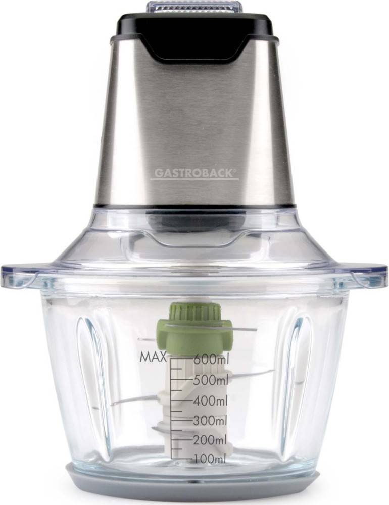 Ein durchsichtiger Glaskrug für einen Mixer, der mit Volumenmessungen von 200 ml bis 600 ml markiert ist, versehen mit einem metallischen Deckel, der ein Bedienfeld enthält.