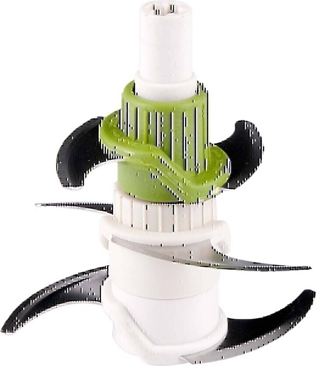 Ein Nahaufnahmebild einer Standmixer-Klingeneinheit mit scharfen, gebogenen Metallklingen, die an einer zentralen Achse befestigt sind und zum Mixen verwendet werden.