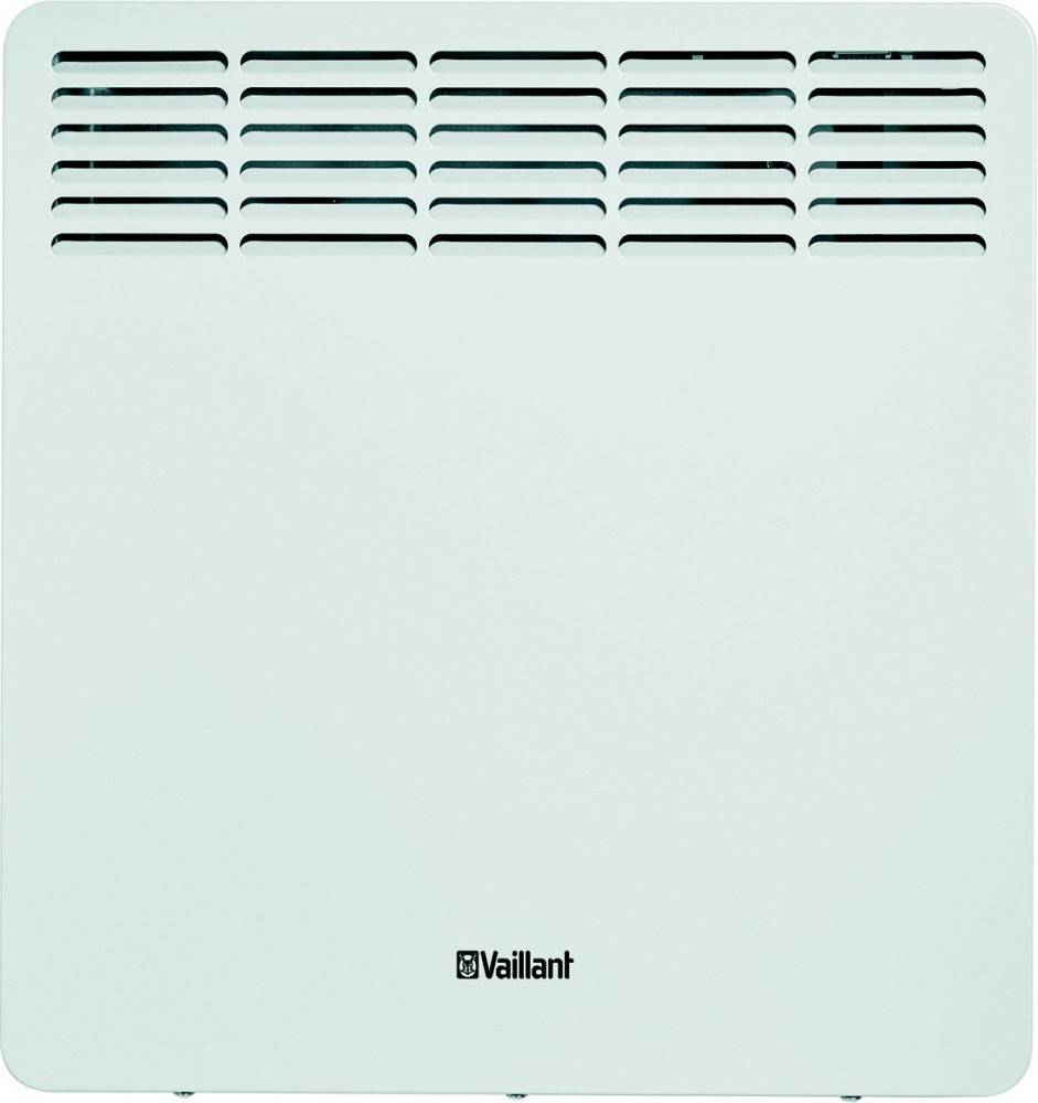 Ein weißer Vaillant Wandheizgerät mit Lüftungsschlitzen über der gesamten Oberkante. Das Markenlogo ist zentriert nahe dem unteren Rand.