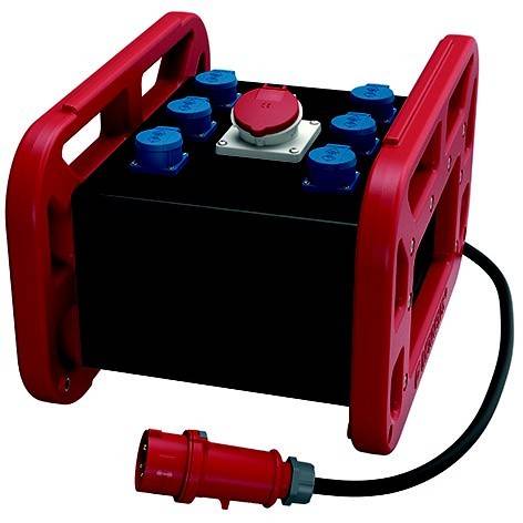 Tragbares Industrie-Batteriepaket mit roten Tragegriffen, blauen Anschlüssen, einem großen roten Stecker oben und einem Kabel mit angebrachtem Stecker.