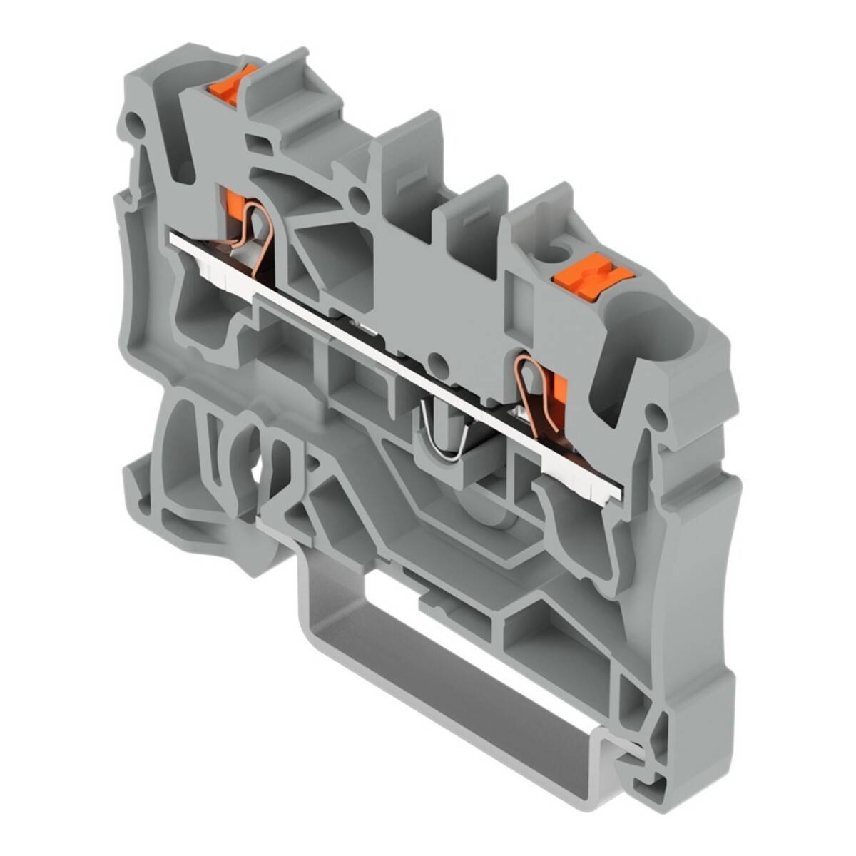 Ein grauer Klemmenblock mit Metallverbindungen und orangen Komponenten, entwickelt für elektrische Verkabelung und Schaltkreisintegration.