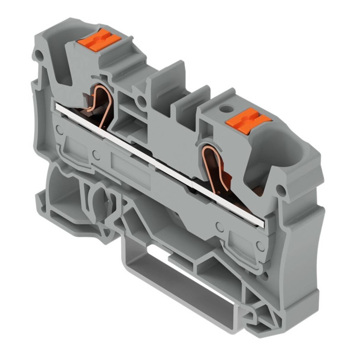 Ein grauer Kunststoff-Stromverteilerblock mit orangefarbenen Anschlüssen und Metallklemmen, verwendet für Schaltungsverbindungen und Kabelsystematisierung.