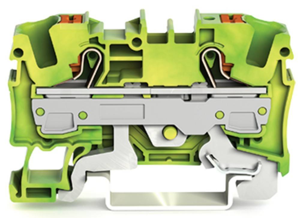 Ein Querschnittsbild eines grünen Reihenklemmenblocks, der die interne Struktur mit Metallleitern und Anschlusspunkten zeigt.