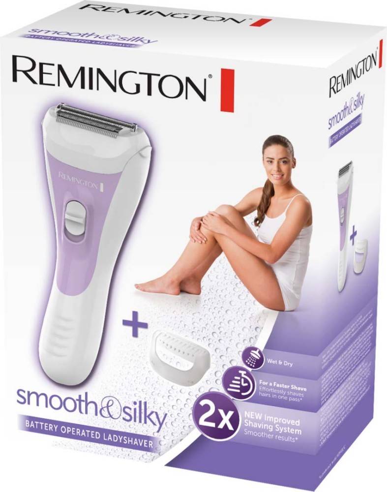 Das Bild zeigt eine Verpackung des Remington Smooth & Silky batteriebetriebenen Ladyshavers mit einer lächelnden Frau, die zwei Rasierköpfe hervorhebt.