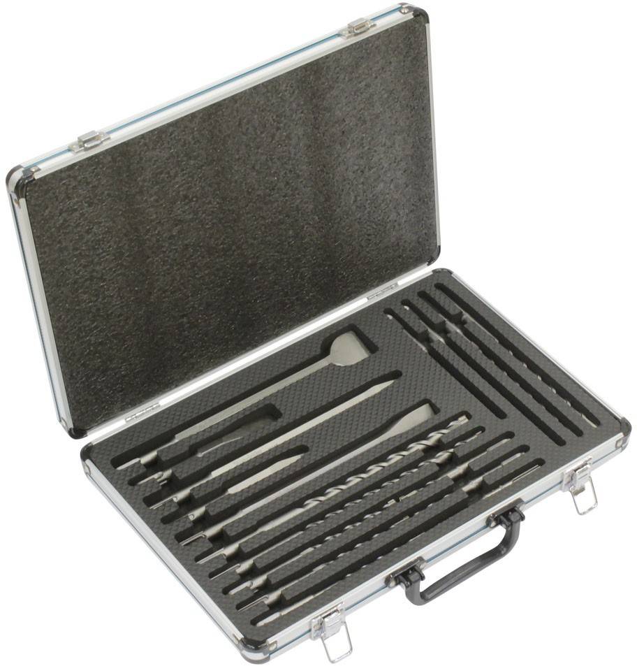 Eine Reihe von Bohrern in einem offenen Metallkoffer, die verschiedene Größen und Typen von Bohrern zeigt, die ordentlich in Schaumstoffeinsätzen angeordnet sind.