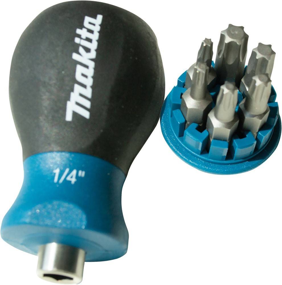 Ein Makita-Schraubendreher mit 1/4-Zoll-Aufnahme und einem Satz auswechselbarer Bits, konzipiert für vielseitige Befestigungsaufgaben.