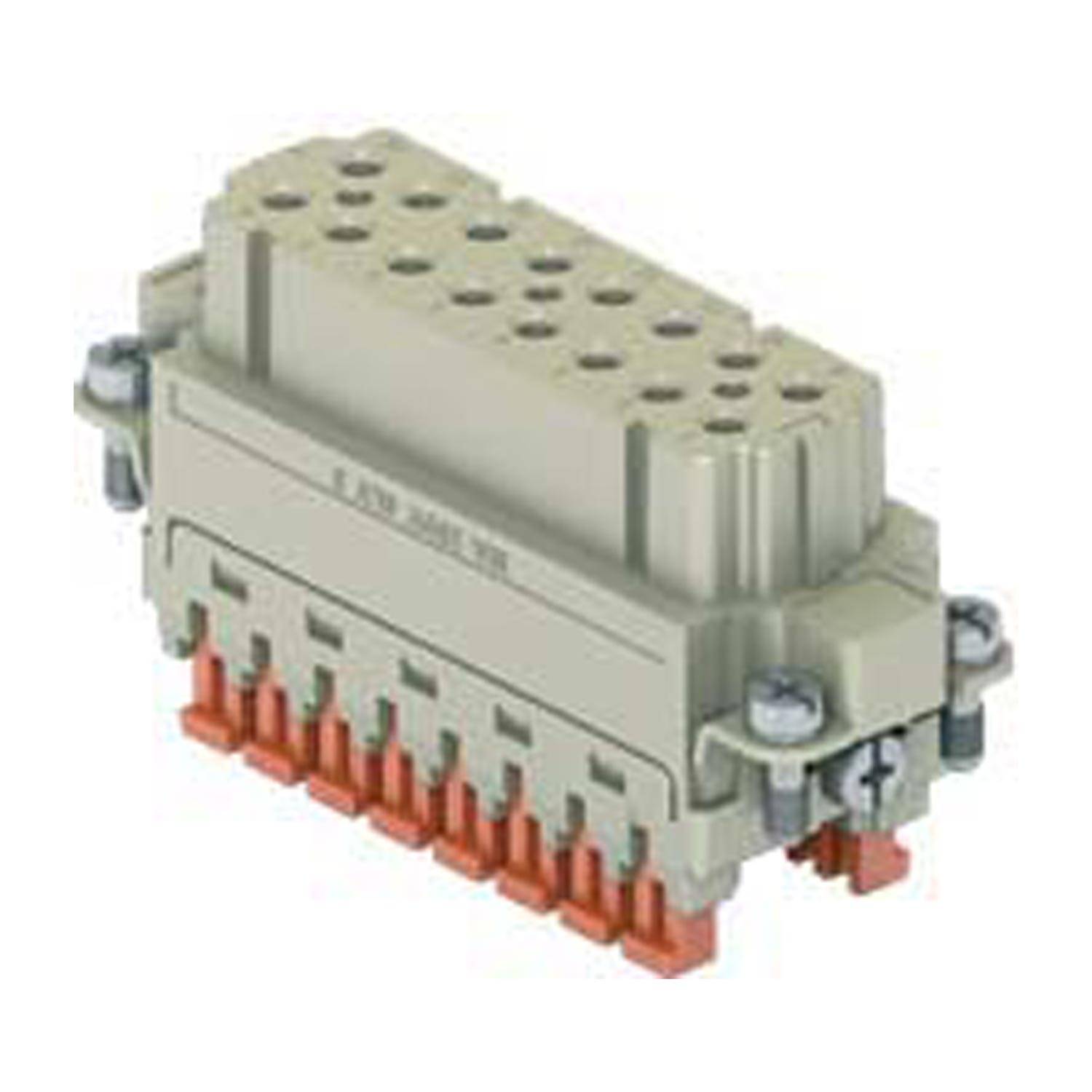 Ein elektrischer Anschluss mit mehreren Steckplätzen und roten Pins wird gezeigt. Er scheint für industrielle oder mechanische Anwendungen geeignet zu sein.