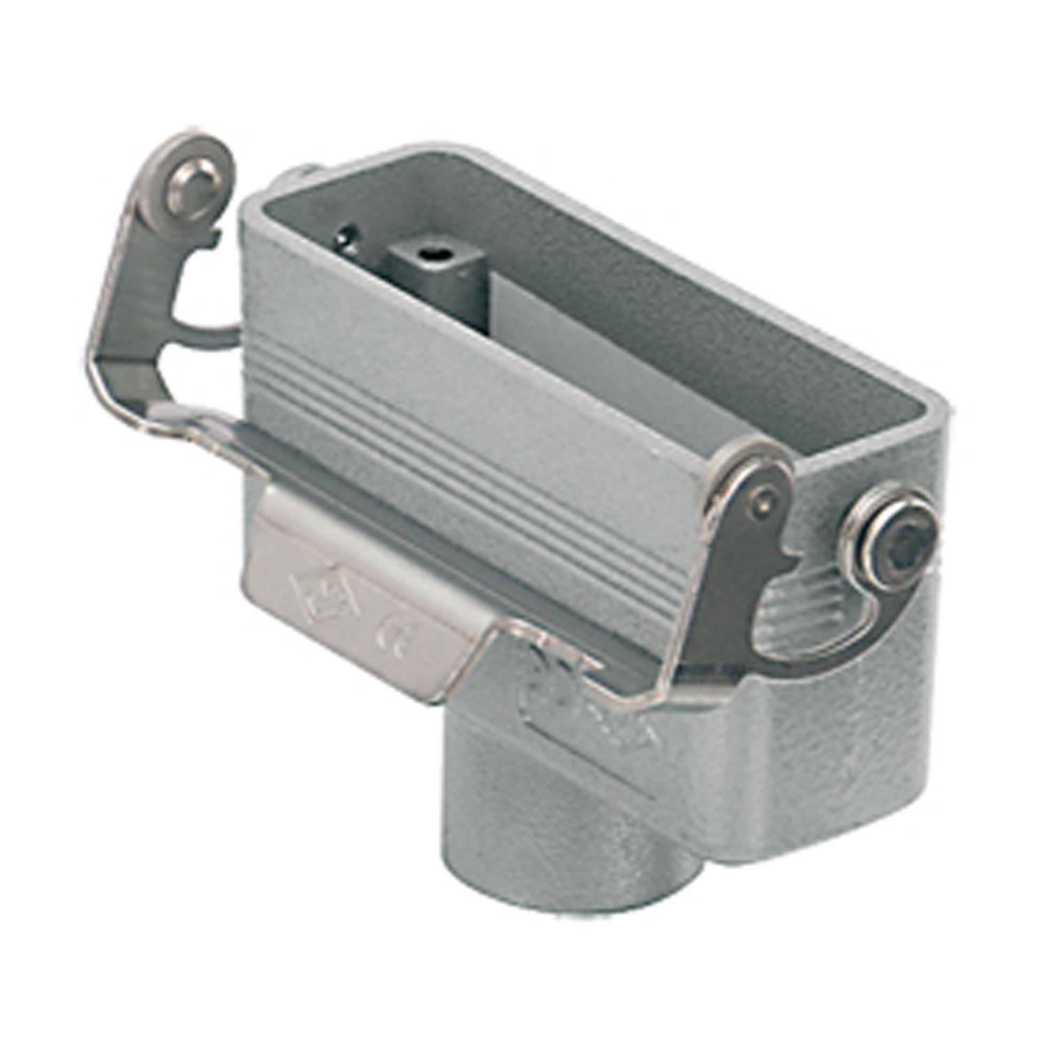 Ein Industrieanschlussgehäuse aus Metall mit einer rechteckigen Öffnung und Verriegelungssystem, verwendet für elektrische Verbindungen.