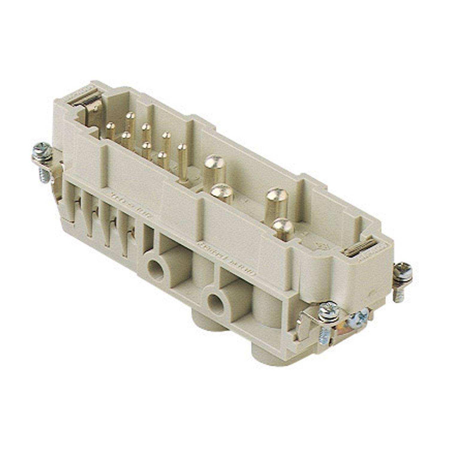 Rechteckiger beiger Elektroverbinder mit mehreren Metallstiften und Schrauben an den Seiten, verwendet für industrielle Anwendungen.