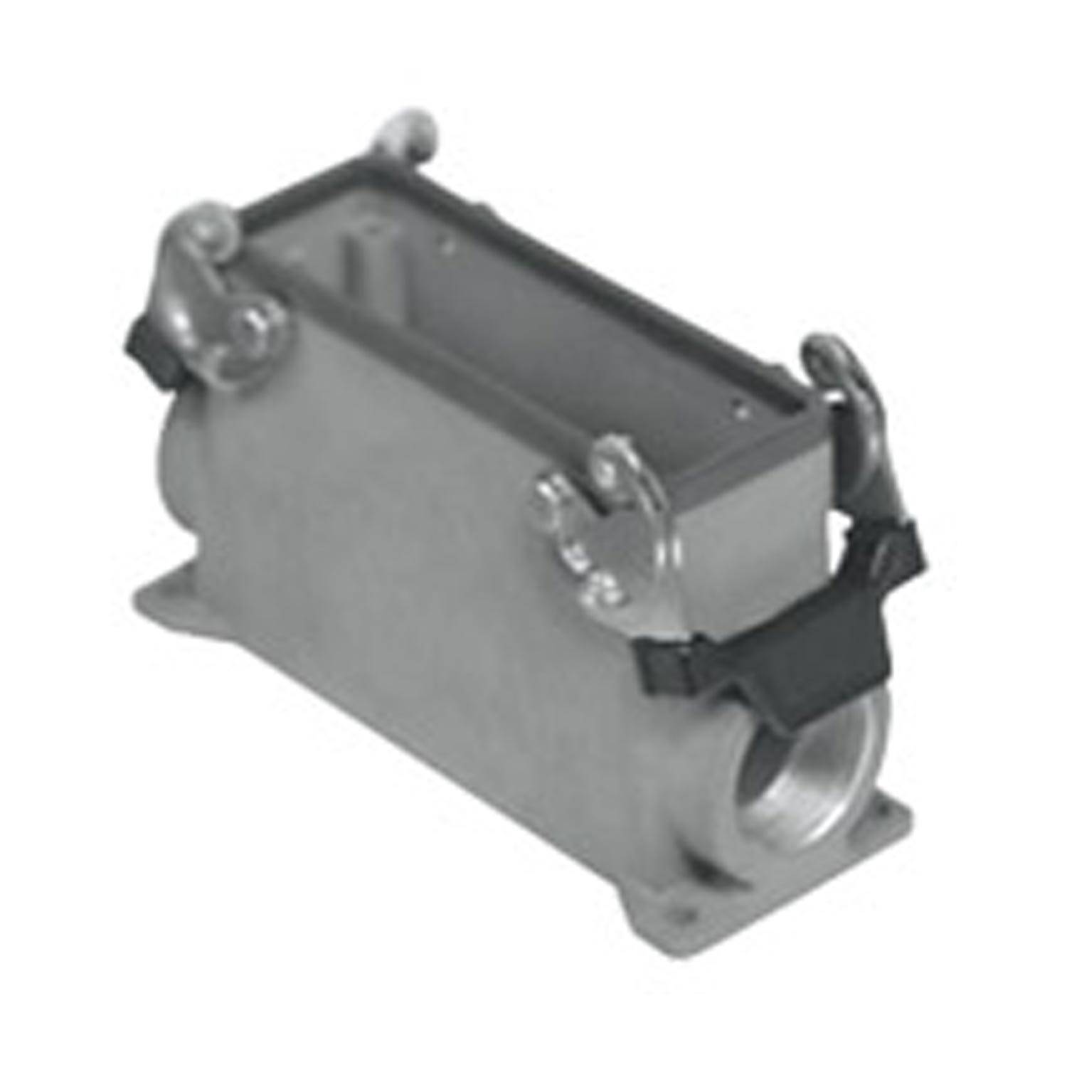 Ein rechteckiges Metallgehäuse mit zwei Scharnierklammern an beiden Seiten, das zum Schutz von elektronischen oder elektrischen Verbindungen verwendet wird.