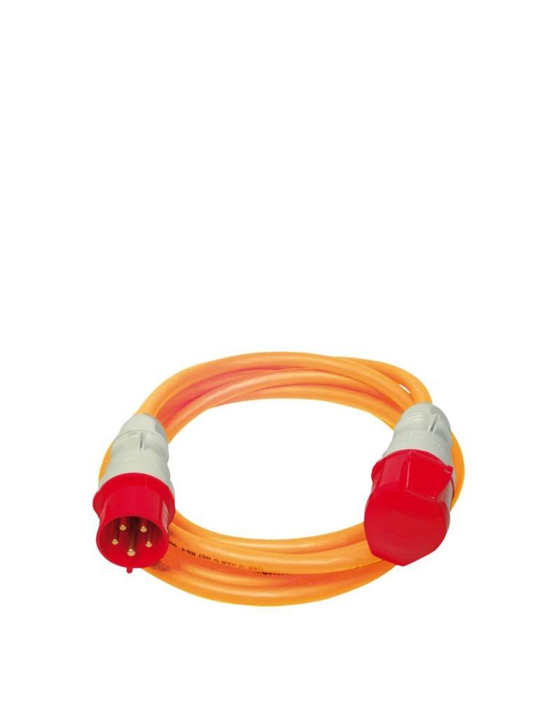 Ein orange-roter Elektro-Verlängerungskabel mit runden, roten Anschlüssen an beiden Enden.