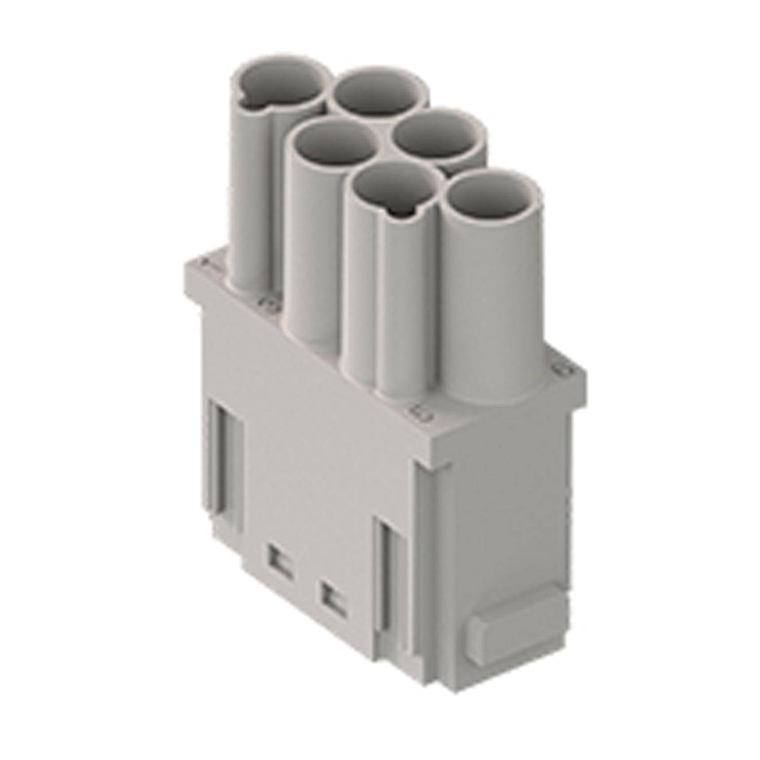 Ein grau-farbenes, sechspoliges elektrisches Anschlussgehäuse mit rechteckiger Basis und zylindrischen Schlitzen oben, verwendet für elektronische Schaltkreise.